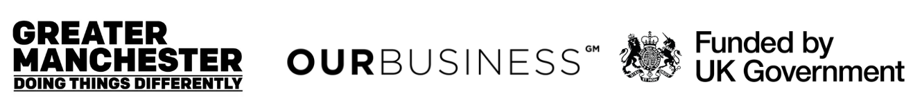 GMCA doing things differently logo, Out business logo and funded by UK gov logo