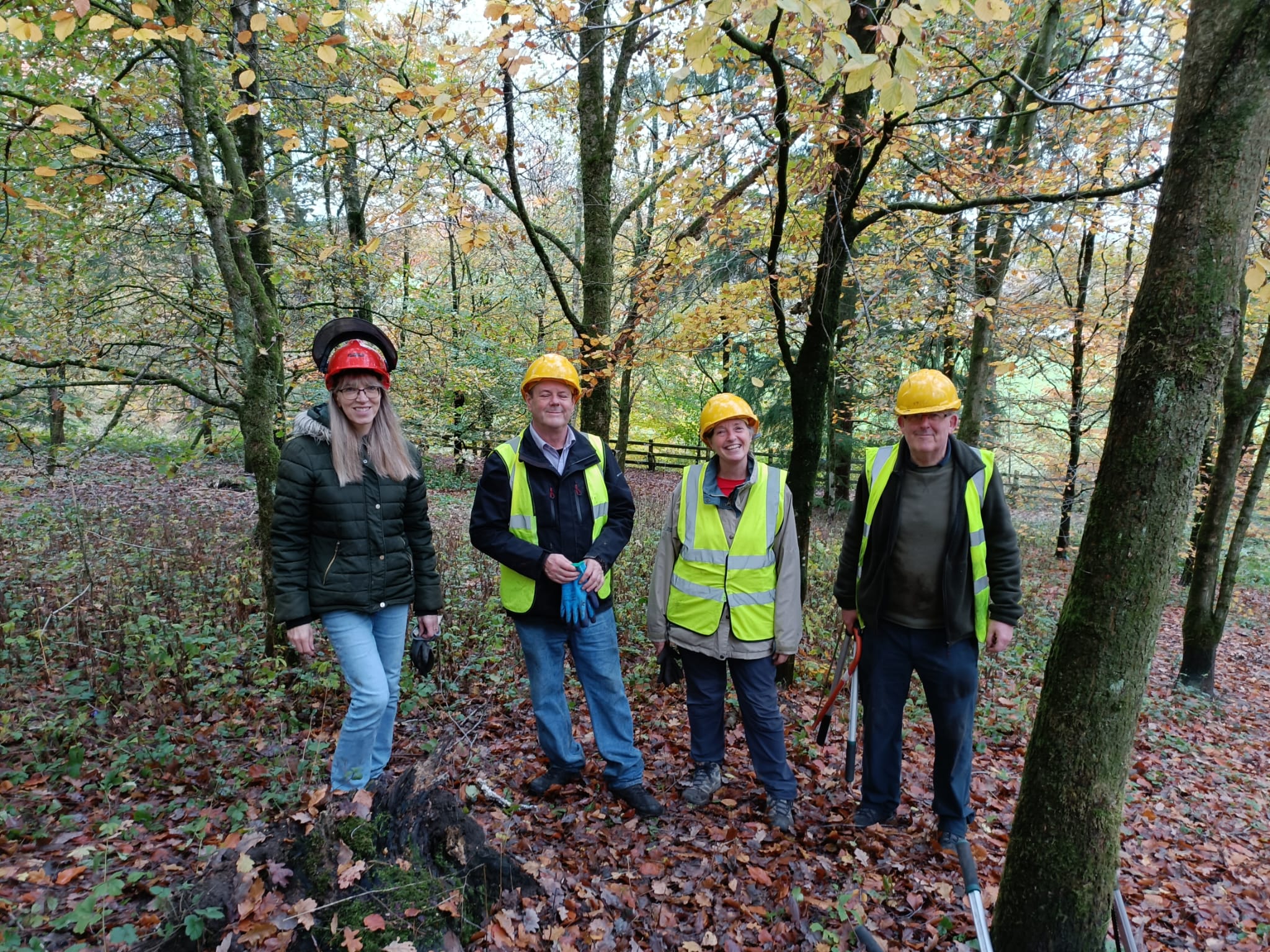 photo of for people smiling into a camera in a woodland setting
