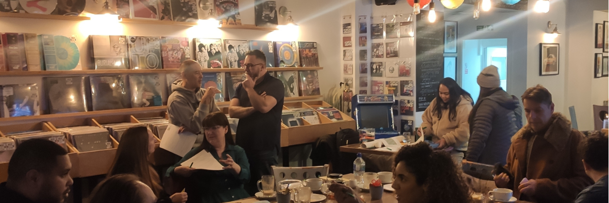 A group of people in a community space networking