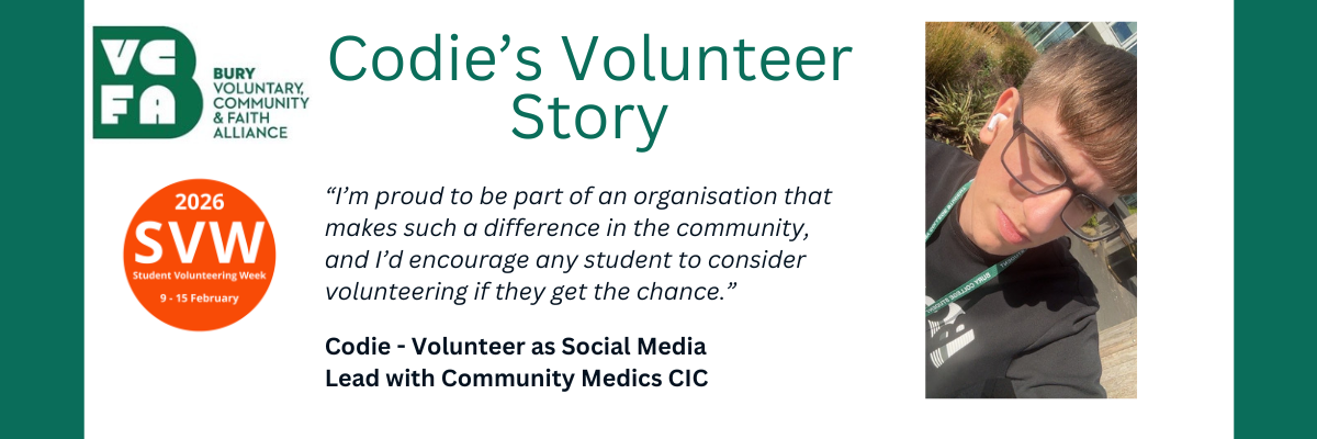 Photo graph of a young person, close up, selfie photo with text promoting student volunteer week and a quote from the student