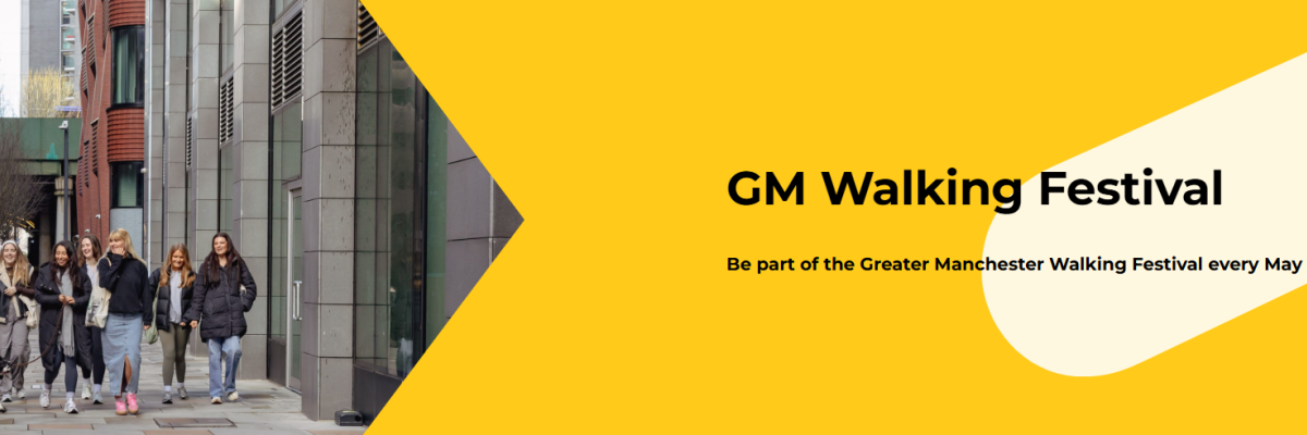 Photo of women walking towards the camera with graphic in bold black text with orange background