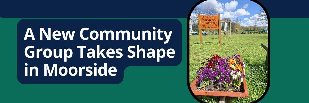 Graphic of text with a photo of a garden. Dark Green and Blue background colour