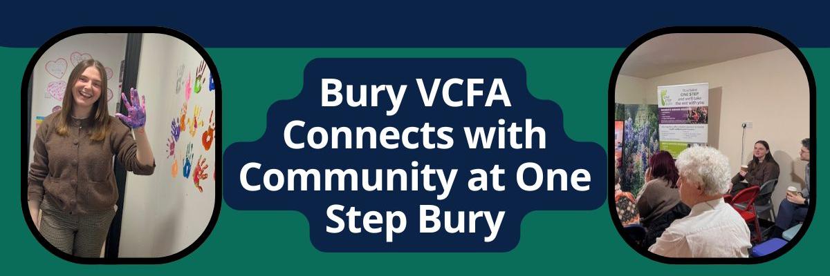 Two photos, photo one a young women smiling into the camera with paint on her hand by an art mural wall. Picture two groups of people sitting in a small room with a screen.