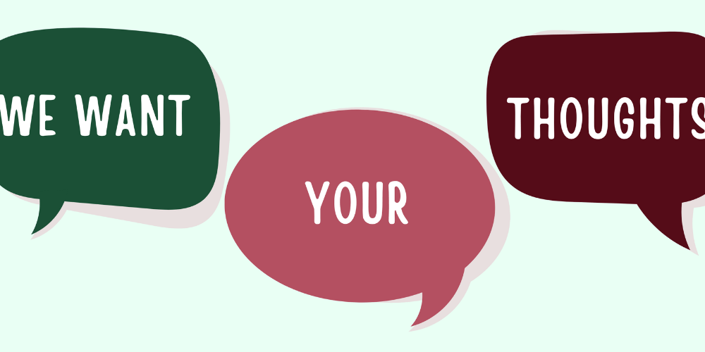 We want your thoughts text in speech bubbles