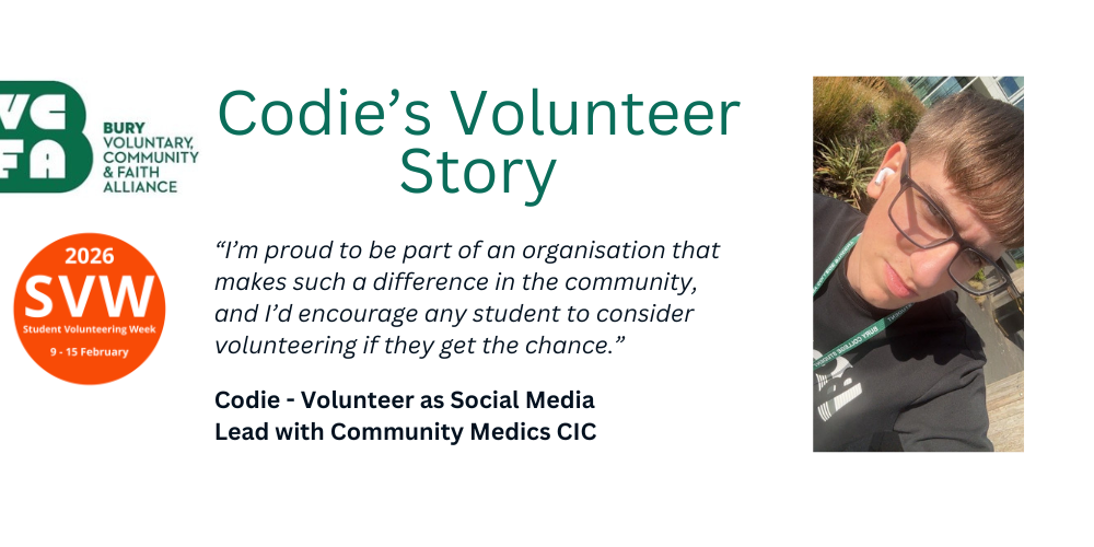 Photo graph of a young person, close up, selfie photo with text promoting student volunteer week and a quote from the student