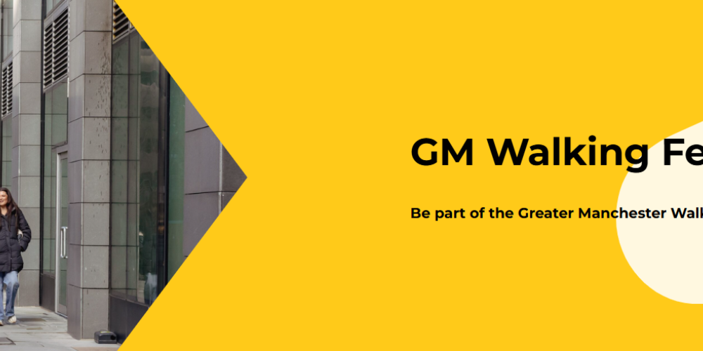 Photo of women walking towards the camera with graphic in bold black text with orange background