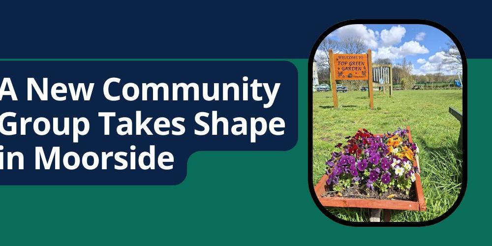 Graphic of text with a photo of a garden. Dark Green and Blue background colour